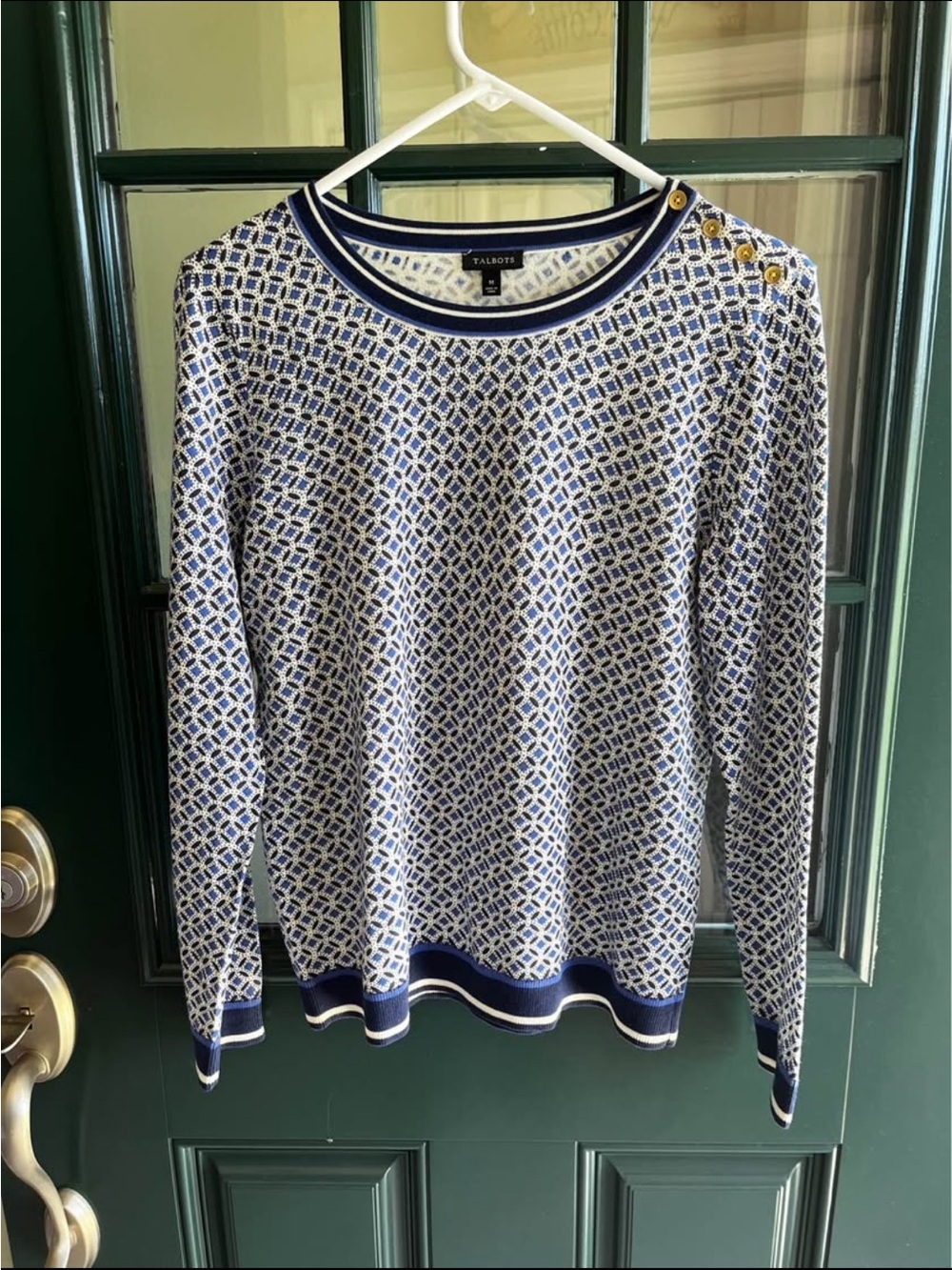 Talbots Blue and White Geometric Crewneck Sweater with Gold Buttons
